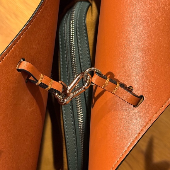 Steel Blue and Brown Leather Tote Bag with Cosmetic Pouch - Picture 10 of 12